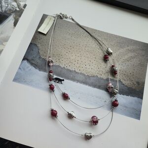 NWT Elegant Pink And Read Beaded Necklace With Murano Style Sharm